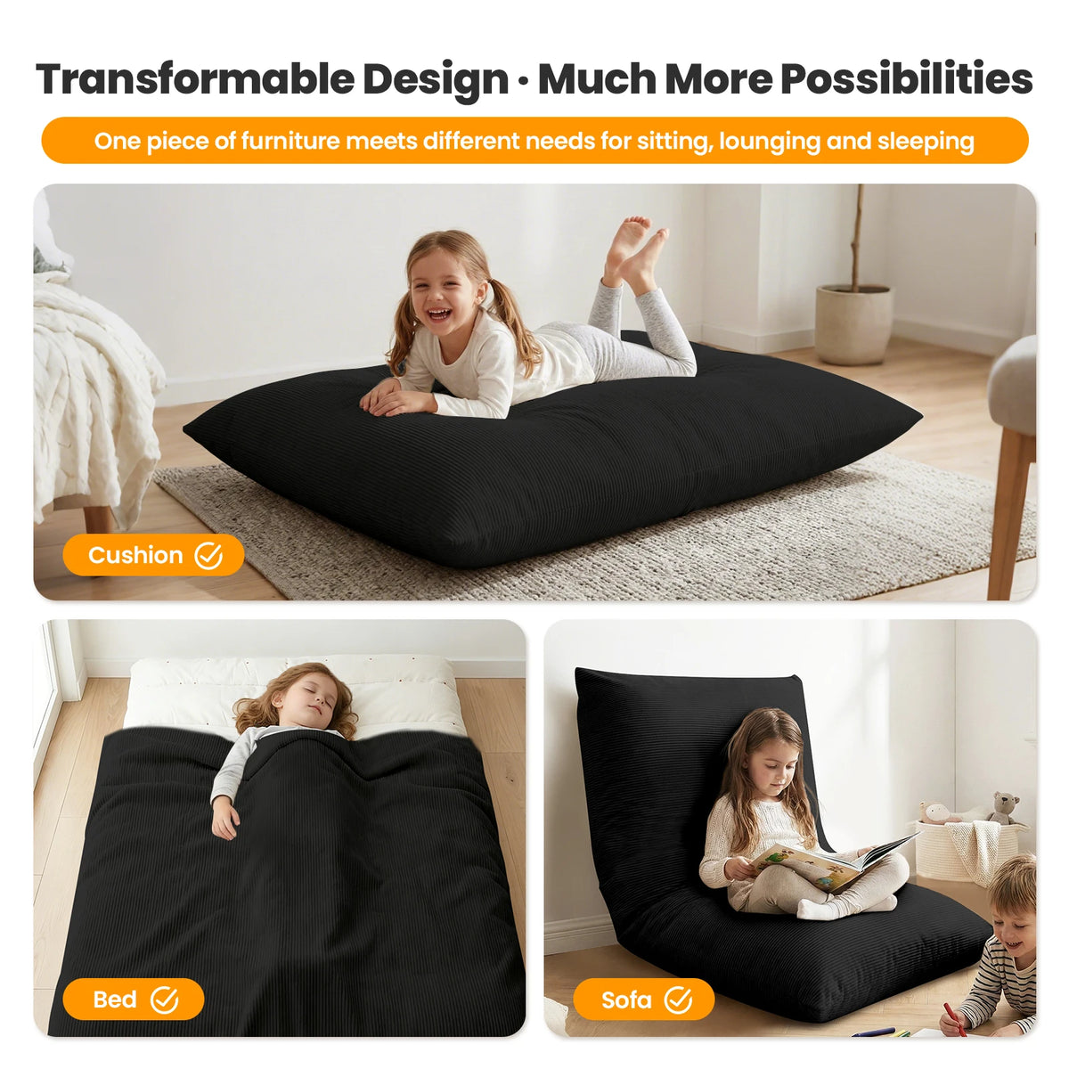 Kids Bean Bag Bed Foldable Compression Lounger Sofa Bed with Soft Removable & Washable Cover Foam-Filled Floor Lounger Chair