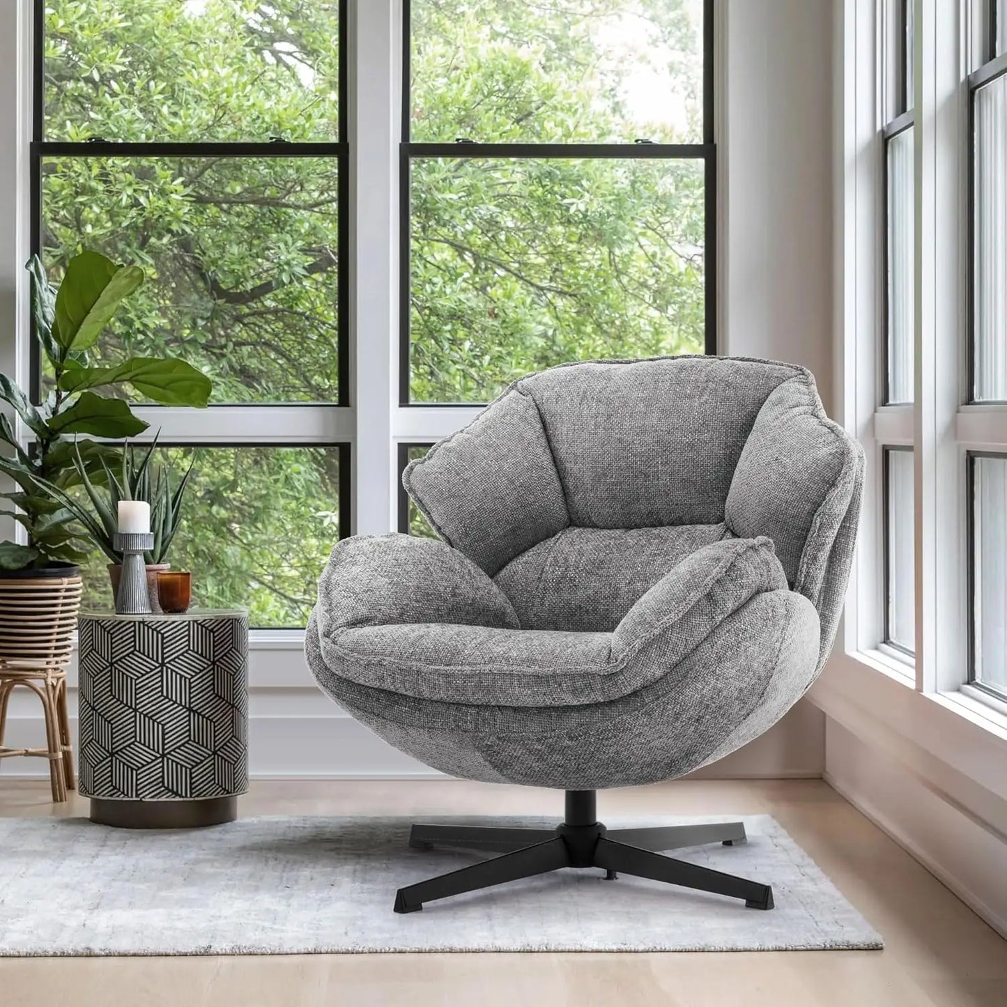 Swivel Accent Chair, Upholstered Armchair with Metal Legs, Gray