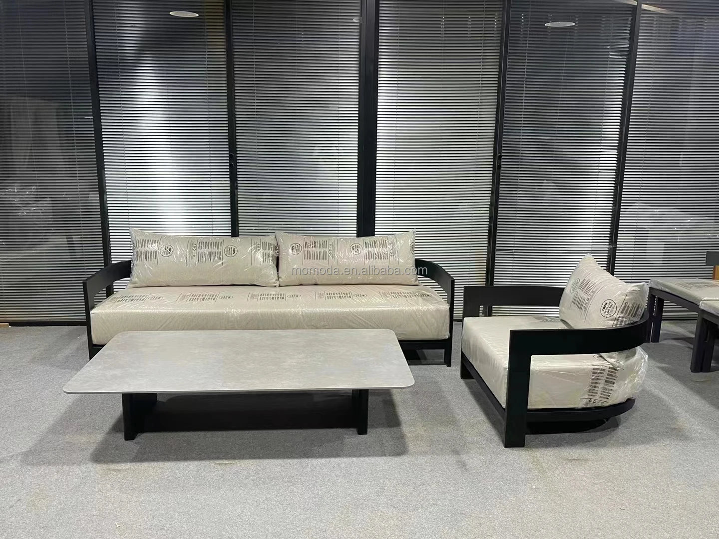 Modern Outdoor Furniture Set Waterproof Fire Pit with Teak Wooden Bench & Rattan Aluminum Cast Sofa Garden Living Room Hotels