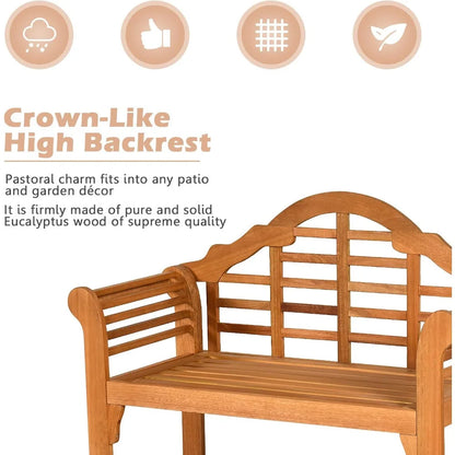 Outdoor 4ft Foldable Eucalyptus Wood Bench Two Person Loveseat with Curved Backrest Armrest for Garden Patio Porch Balcony