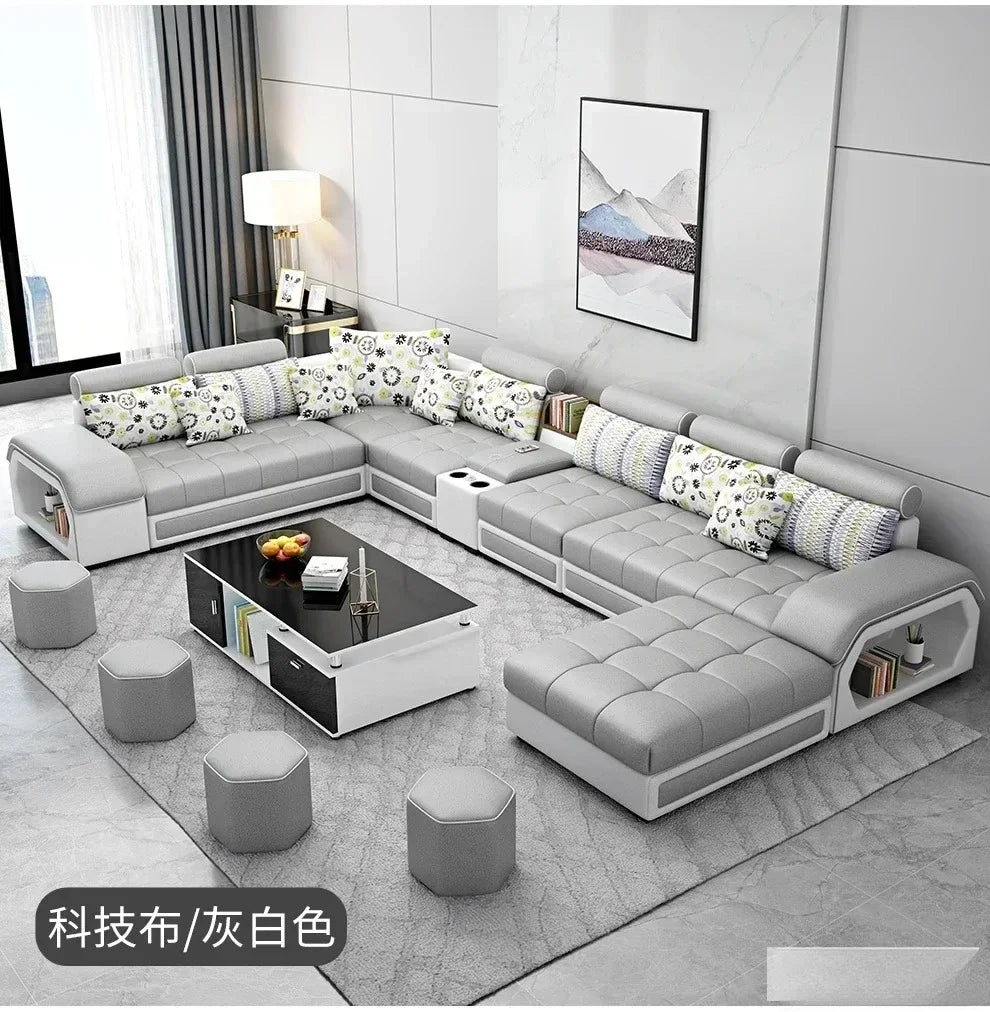 Linlamim Fabric Sofa Set Furniture Living Room Sofa Set with USB and Stools / Big U Shape Cloth Couch Sofas for Home Furniture
