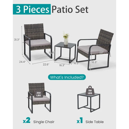 3-Piece Outdoor Patio Furniture Set: Modern Wicker Bistro Set with Rattan Chairs and Glass Coffee Table