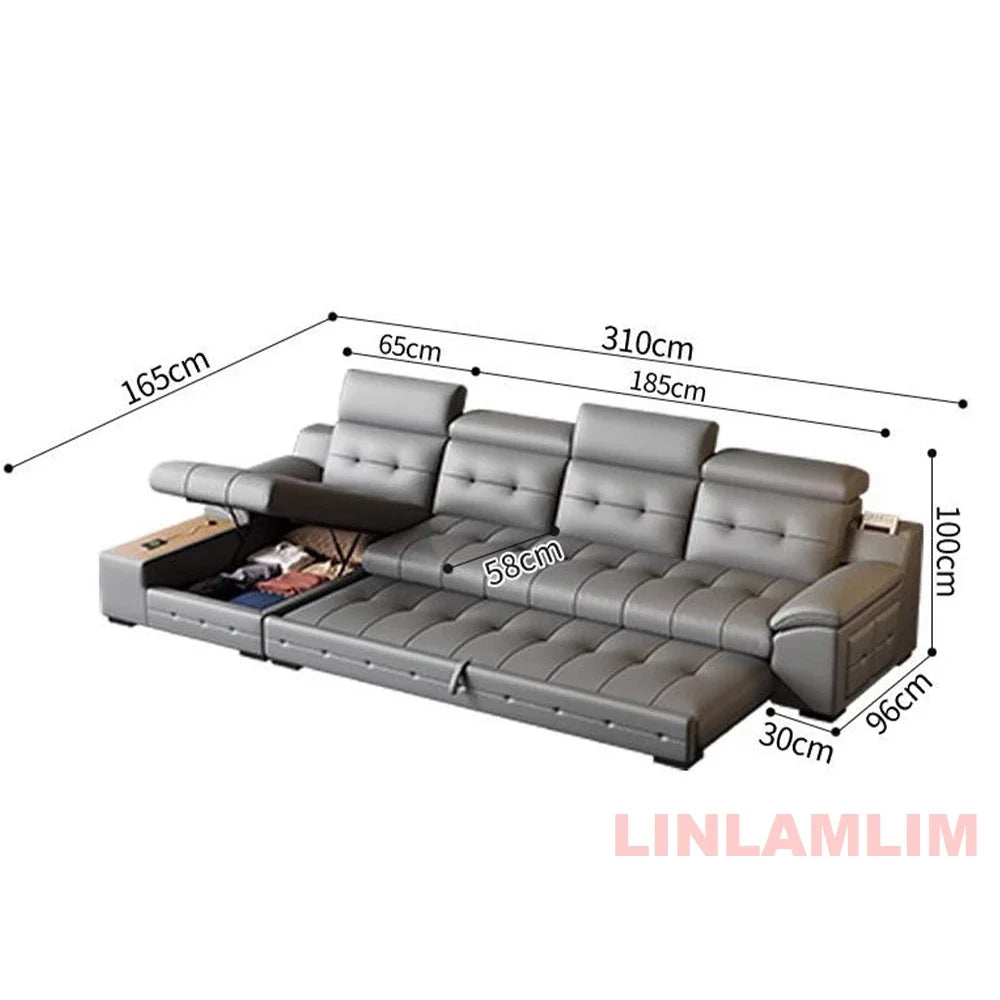 Electric Reclining Sectional Sofa Bed with Cup Holder & Adjustable Headrests – Italian Genuine Leather Convertible Sleeper Couch