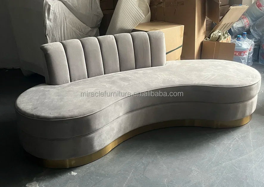 -Luxury Living Room Gold Stainless Steel Curved Sofa Velvet Upholstered Hotel Home Sofa