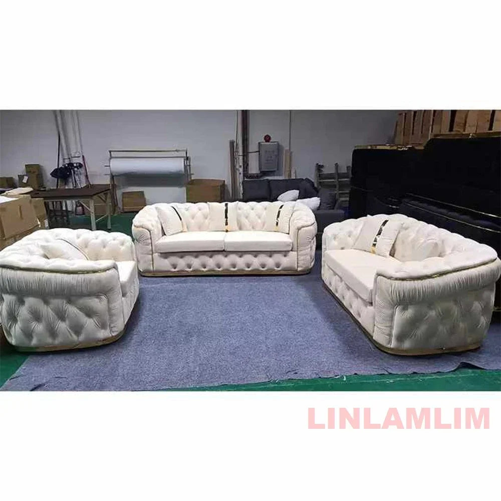 Luxury Chesterfield Sectional Sofa Set With Cloth Buttons And Fabric Modular Couch With Gold Stainless Steel Base, 3-seater