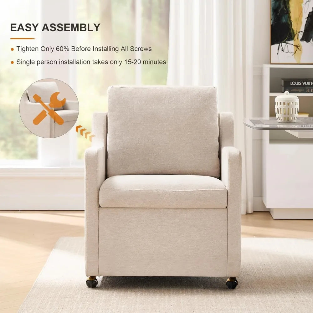 Linen Dining Chair with Casters Modern Storage Seat Design for Relaxing Upholstered Arm Chair, Single Sofa Chair