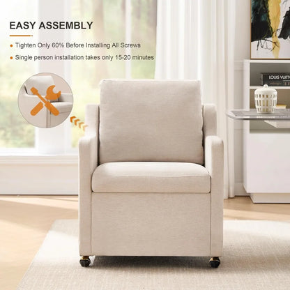 Linen Dining Chair with Casters Modern Storage Seat Design for Relaxing Upholstered Arm Chair, Single Sofa Chair
