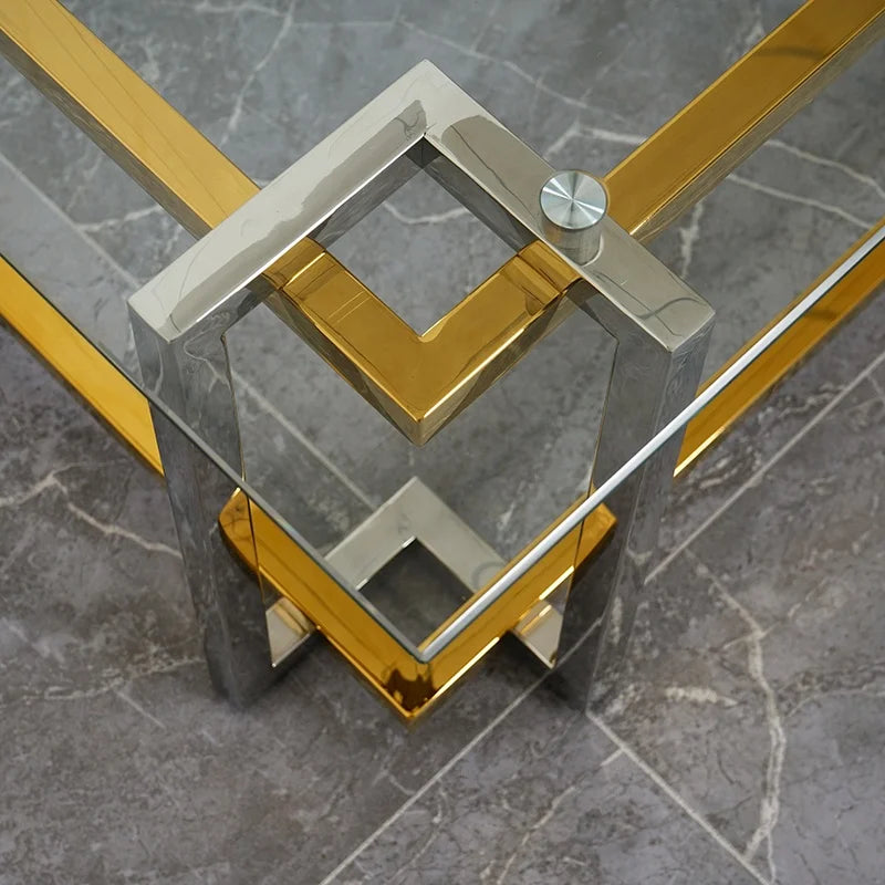 Glass Coffee Table, Modern Glass Table, Gold Rectangular Center Table, Glass Top & Acrylic Legs 2-Tier Storage for Home Living O