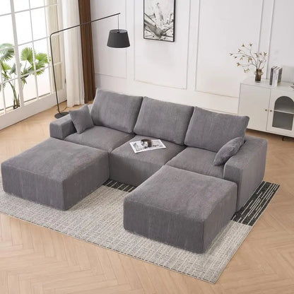 Modular U-Shaped Boneless Sectional Sofa for Living Room - 113" Grey Sleeper Couch with Chaise, No Assembly Required, Corduroy