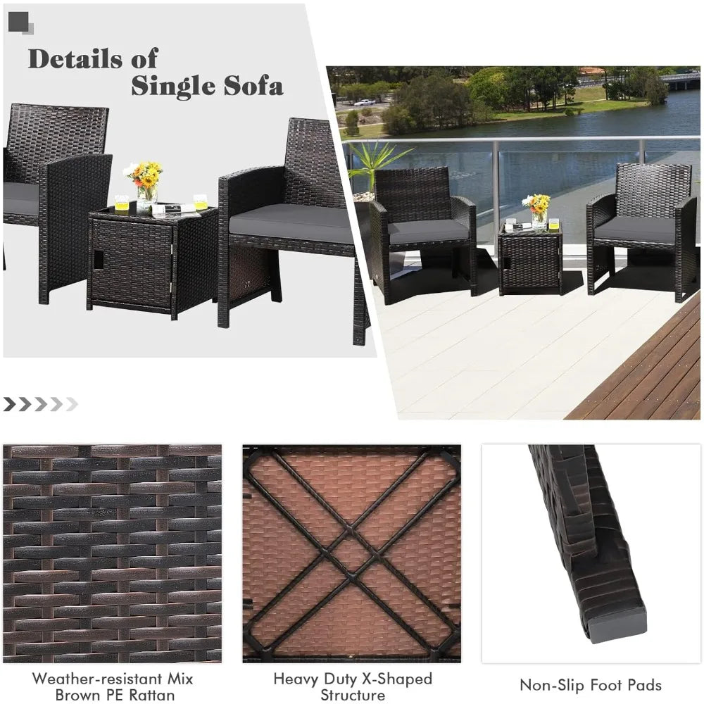 3 Piece Outdoor Bistro Set, PE Wicker Patio Conversation Set with Side Storage Table with Door, Soft Cushions and Pro