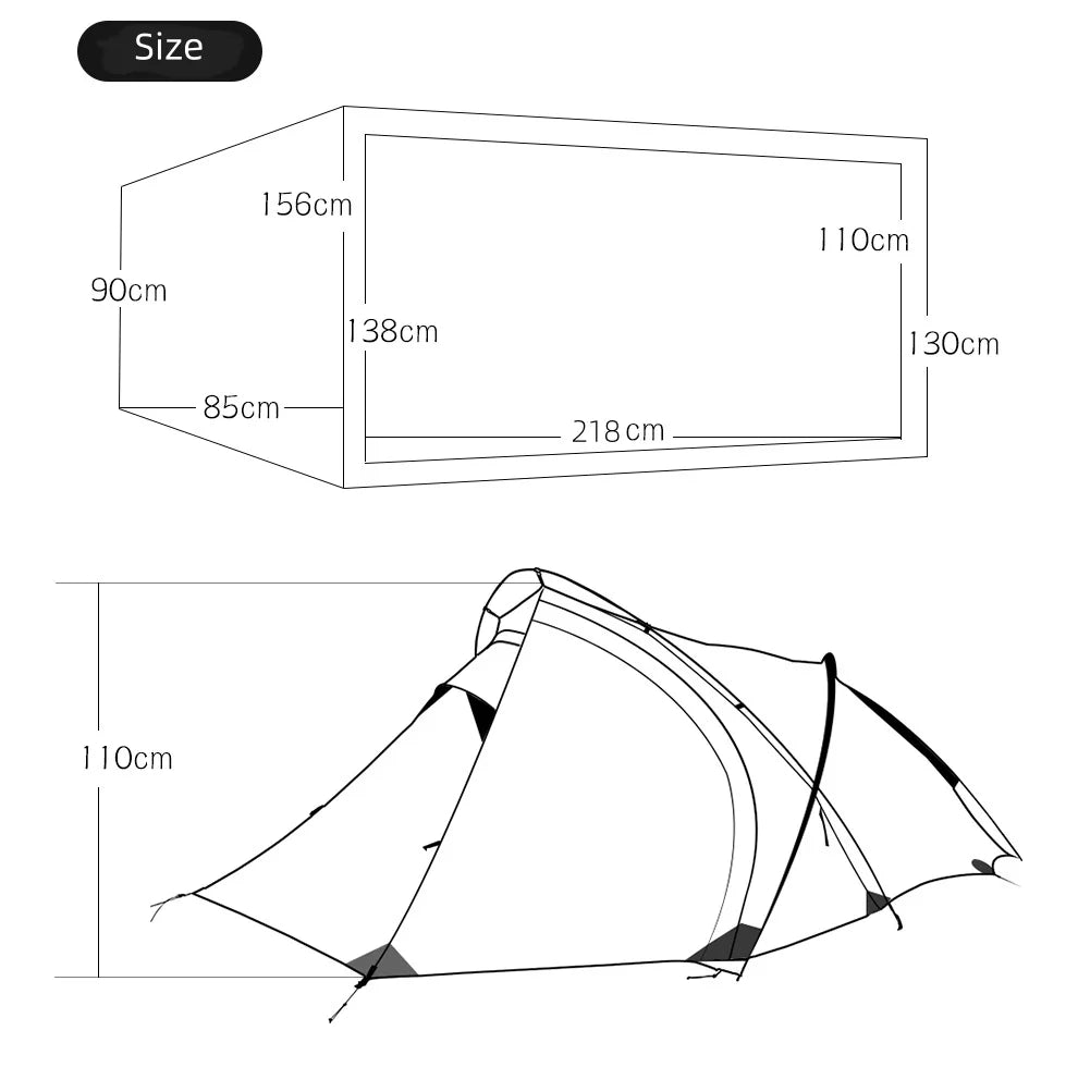 2 Person Ultralight Backpacking Tent 1.69kg 5000mm Waterproof 10D Nylon Triple Cross Pole Tent for Camping Hiking Trekking