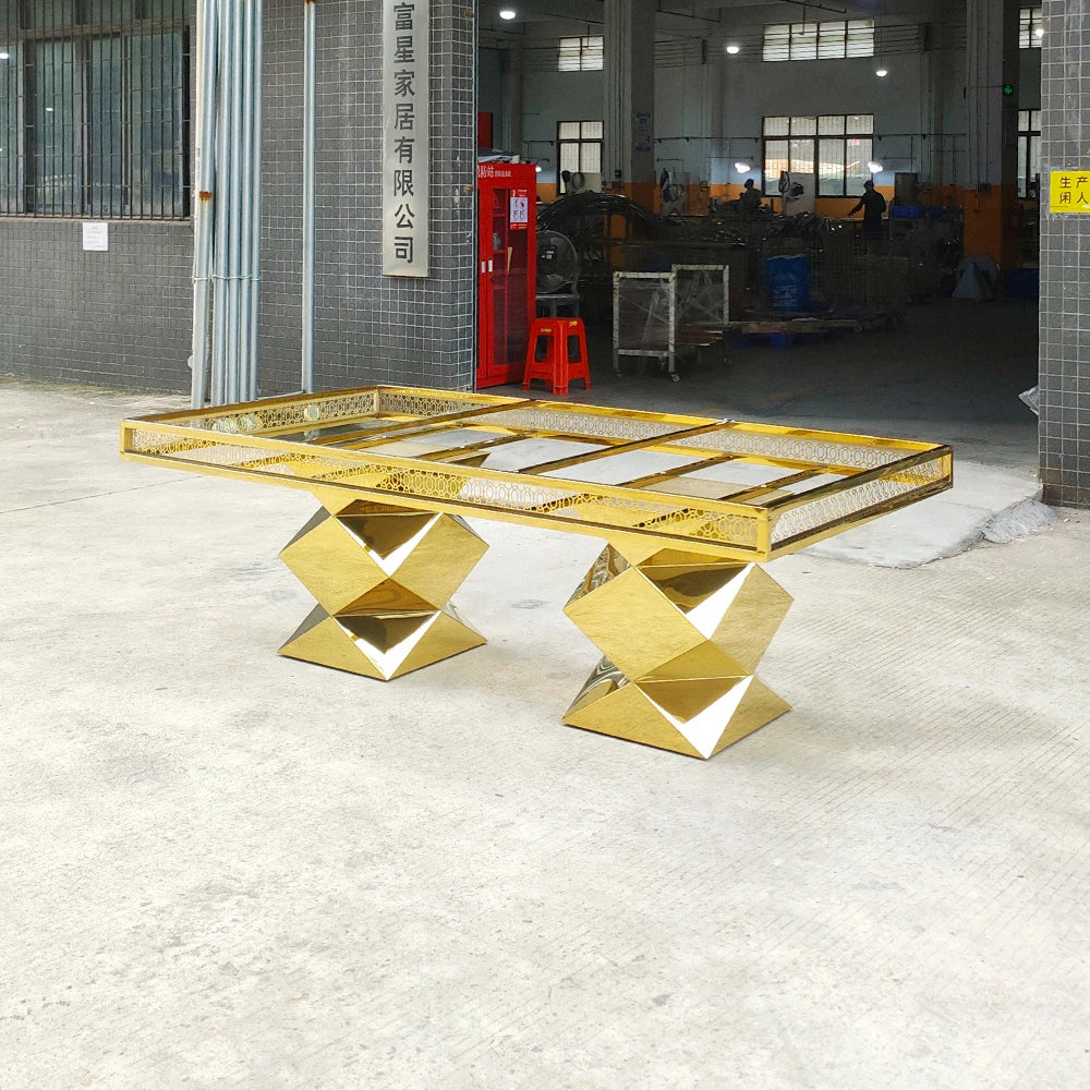 Wedding Mirror Glass Rectangular Crystal Gold Stainless Steel Dining Luxury Mirror Glass Table for Event