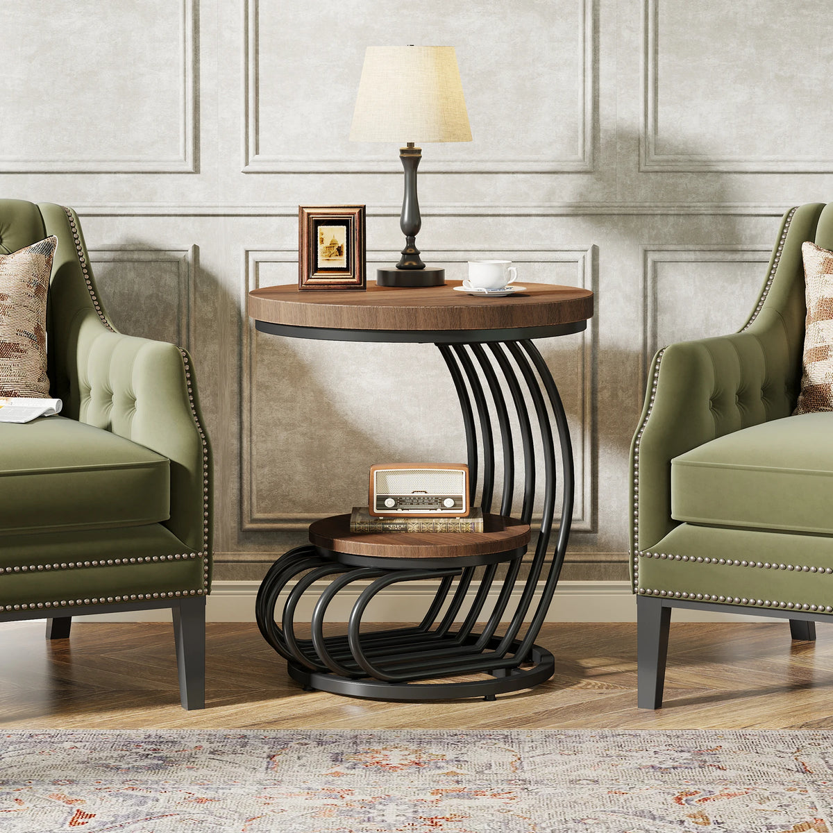 Tribesigns Gold Round End Table: 2 Tiers Faux Marble Side Table with Storage Shelf, Modern White Gold Bedside Nightstand