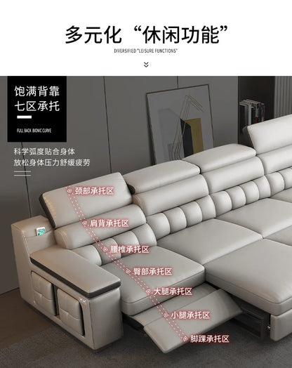 Electric function, leather sofa bed, first layer cowhide, small apartment, living room, modern, simple