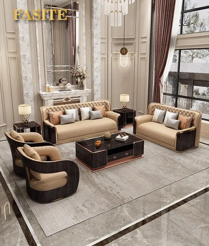 Italian light luxury leather sofa modern high-end straight row villa large flat floor
