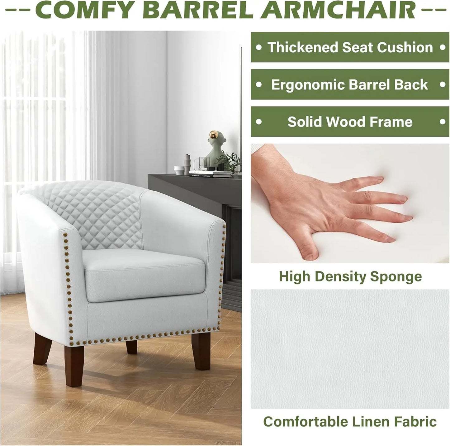 Modern Club Armchair - Comfortable Faux Leather Barrel Chair with Nailhead Trim for Living Room, Stylish Upholstered Single Sofa