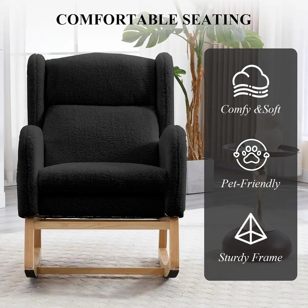 Nursery Rocking Chair with Footrest, Teddy Bear Upholstered Glider Chair, Nursery Gliding Recliner with Pocket, Living Room Glid