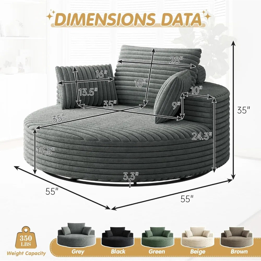 "Oversized 55 Inch Round Swivel Barrel Chair - 360 Degree Corduroy Upholstered Comfortable Chaise Lounge Chair for Indoor Use, M