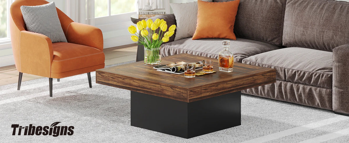 Tribesigns Coffee Table Square LED Coffee Table Engineered Wood Low Coffee Table for Living Room Rustic Brown & Black