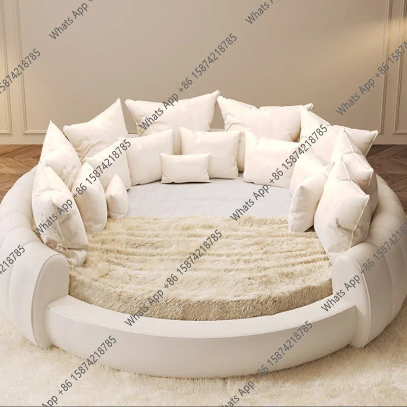 X 2.2×2m Master Bedroom Big Round Bed Modern Hotel Guest House Cream Wind Luxury White Leather Full Bed Frame Lazy Cloud Section