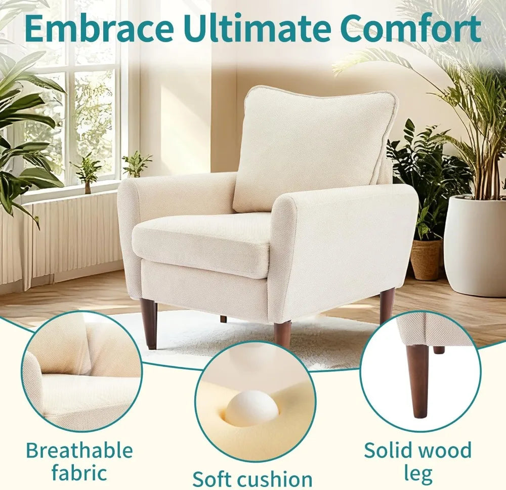 Fauteuil d'appoint confortable pour salon, chambre et salle d'attente, fauteuil de lecture rembourré de style mid-century avec coussin et structure en bois massif