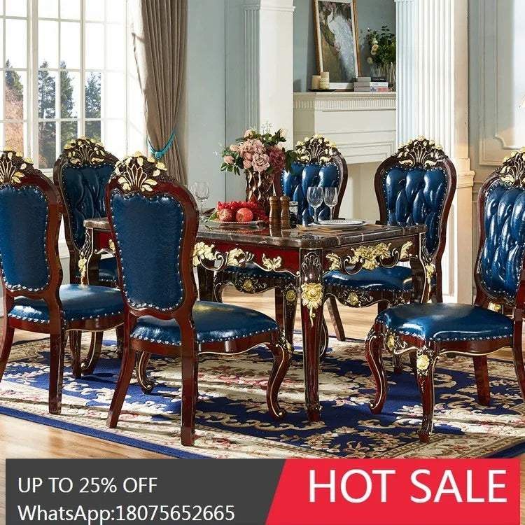 SGF European-style Marble Solid Wood Dining Table Carved Dining Table and Chair Set