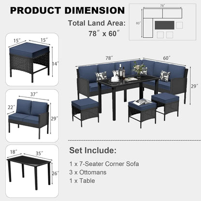 7-Piece Patio Furniture Set, Outdoor Couch with Dining Table & Ottomans, PE Rattan Sofa Set with Cushions for Deck, Yard, Poolsi