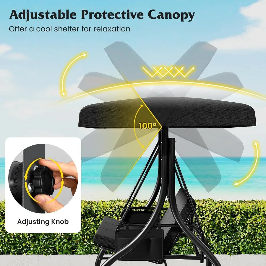 3 Person Porch Swing 2in1 Convertible Outdoor Swing with Adjustable Canopy Removable Cushions Metal Frame Side Pockets for Bac