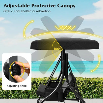 3 Person Porch Swing 2in1 Convertible Outdoor Swing with Adjustable Canopy Removable Cushions Metal Frame Side Pockets for Bac