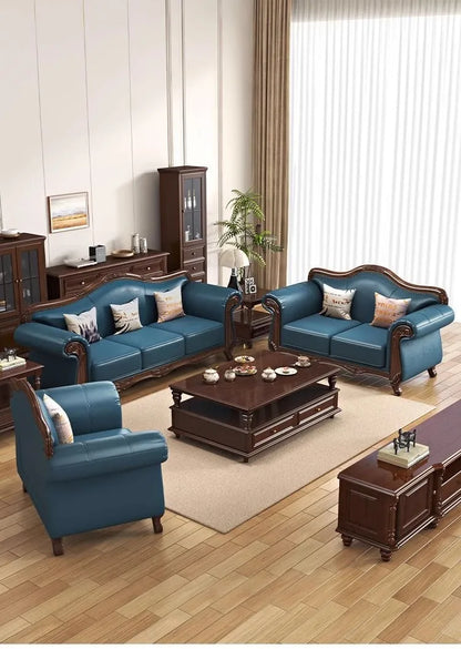 American vintage leather sofa living room solid wood country European style sofa inline furniture