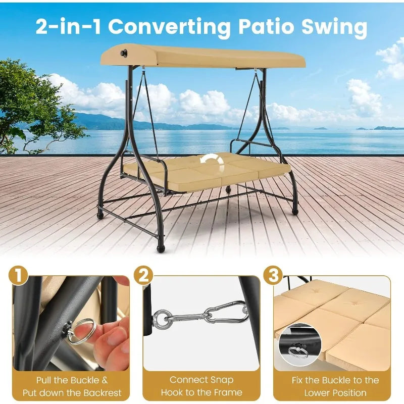 3 Person Porch Swing, 2-in-1 Convertible Patio Swing Bed with Removable Cushions, Solid Steel Structure, Outdoor Swing