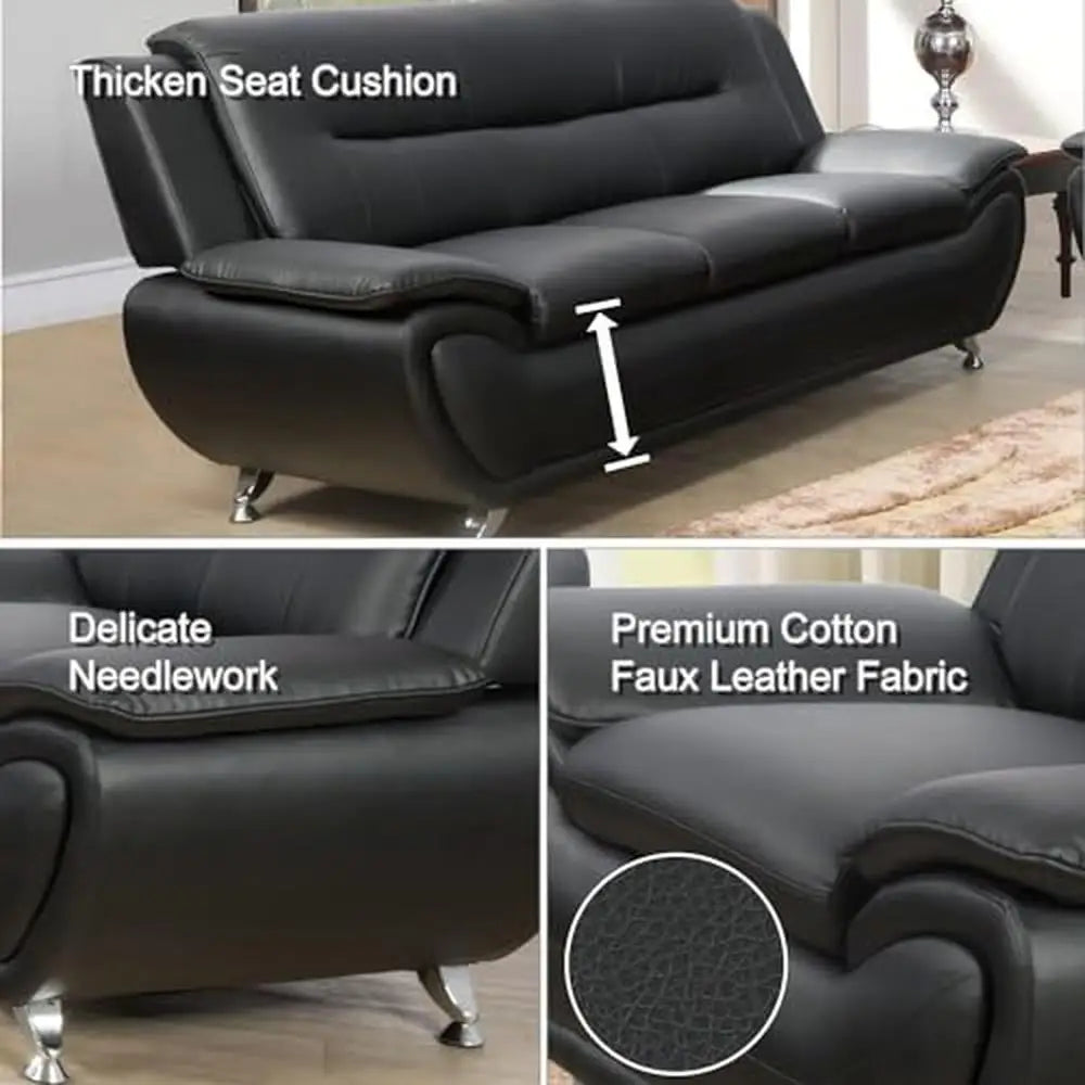 Contemporary Faux Leather Sofa Set Living Room Furniture Full Set Black-B 3PCS)