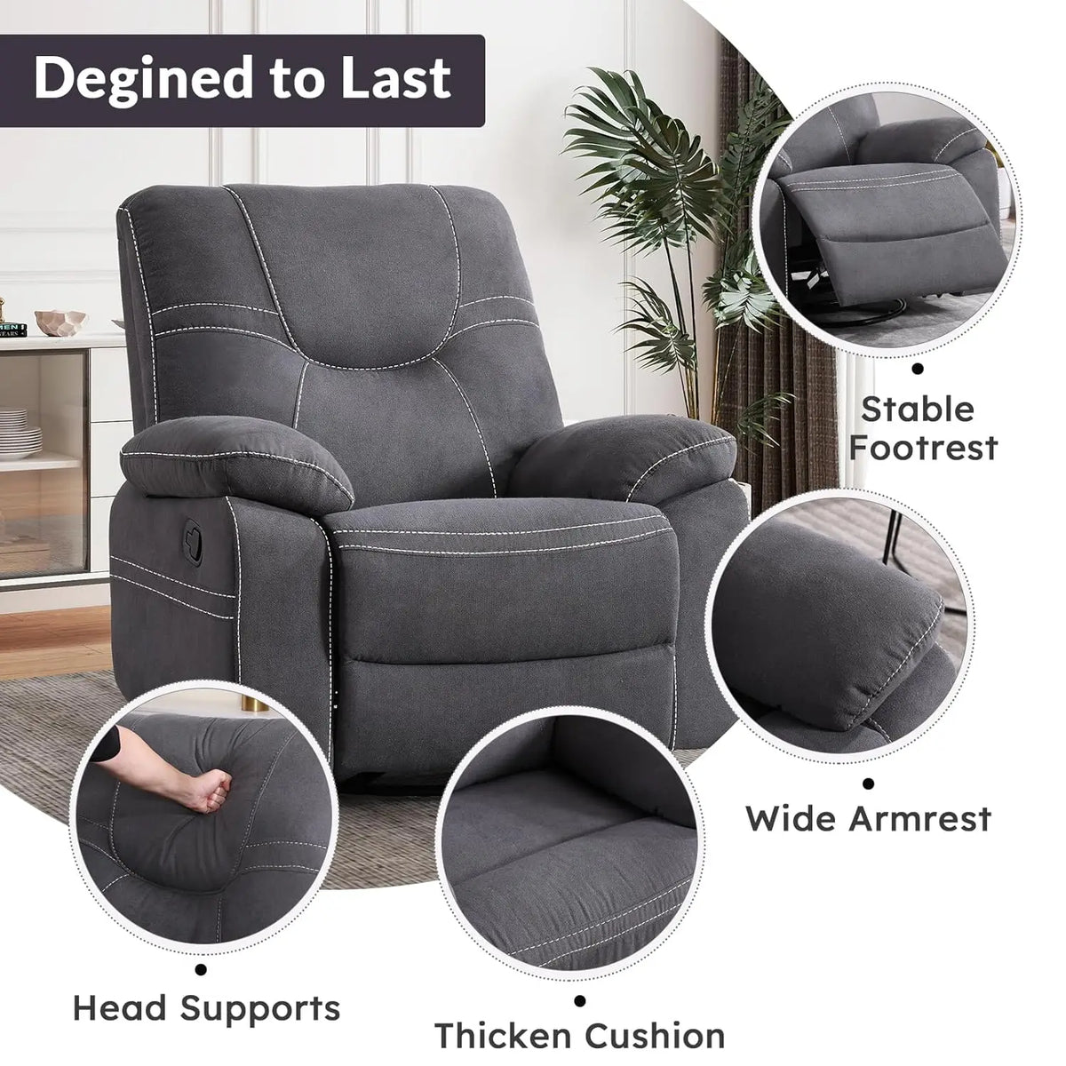 360° Swivel Rocker Recliner Chair For Adults, Manual RockingRecliner Chair With Overstuffed Backrest And Armrests,, Customized