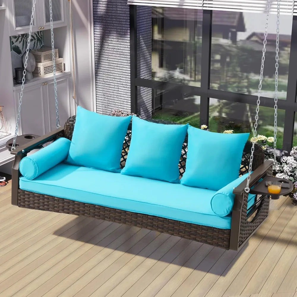 3 Seat Porch Swing, Wicker Patio Swing with Cup Holders & 3 Back Cushions, Yard Swing with Chains for Deck Garden Backyard