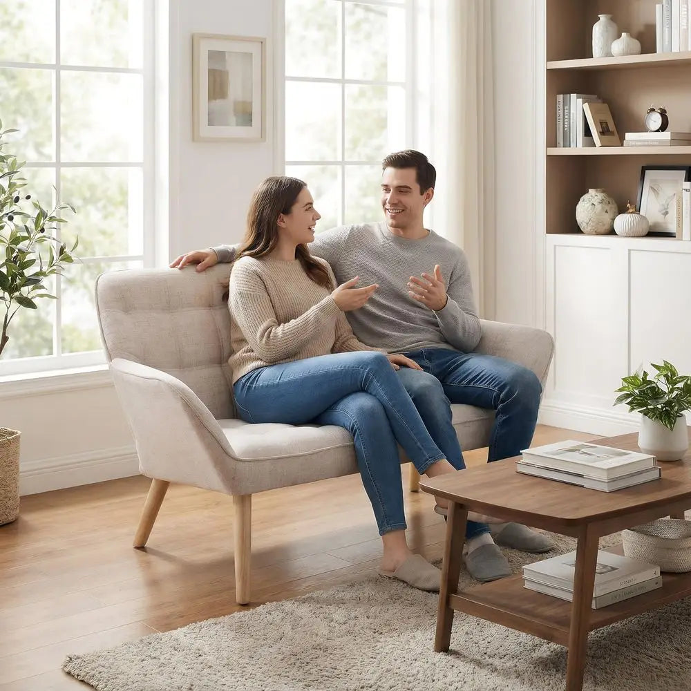 Loveseat Sofa, Modern Linen Upholstered Mini Couch 2Seater Fluffy Love Seat with Quilting Backs and Wood Legs for Small Space L
