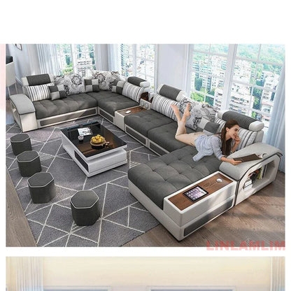 MANBAS U-Shaped Sectional Fabric Sofa Set - Modern Living Room Furniture with Storage, Built-in Side Tables, USB, and Cushions