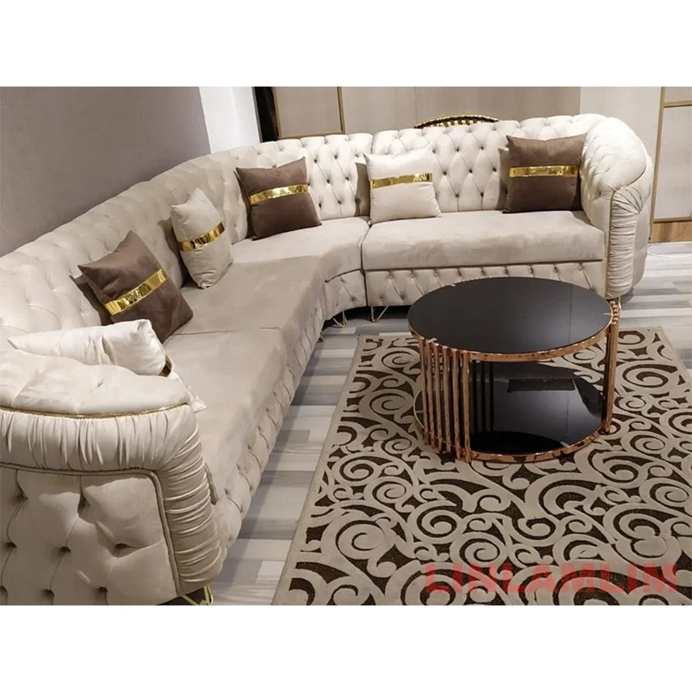 Luxury Chesterfield Sectional Sofa Set With Cloth Buttons And Fabric Modular Couch With Gold Stainless Steel Base, 3-seater