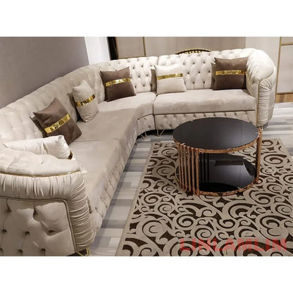 Luxury Chesterfield Sectional Sofa Set With Cloth Buttons And Fabric Modular Couch With Gold Stainless Steel Base, 3-seater
