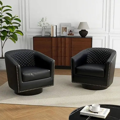 Swivel Barrel Accent Chairs, Comfortable Modern Upholstered Round Faux Leather Armchairs for Living Room and Bedroom, Beige, Set