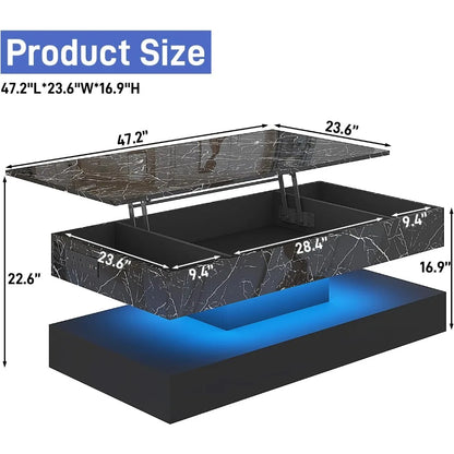 47.2" Large Lift Top Coffee Table with Charging Station, LED Modern High Glossy Center Table with Hidden Compartment Storage, Wh