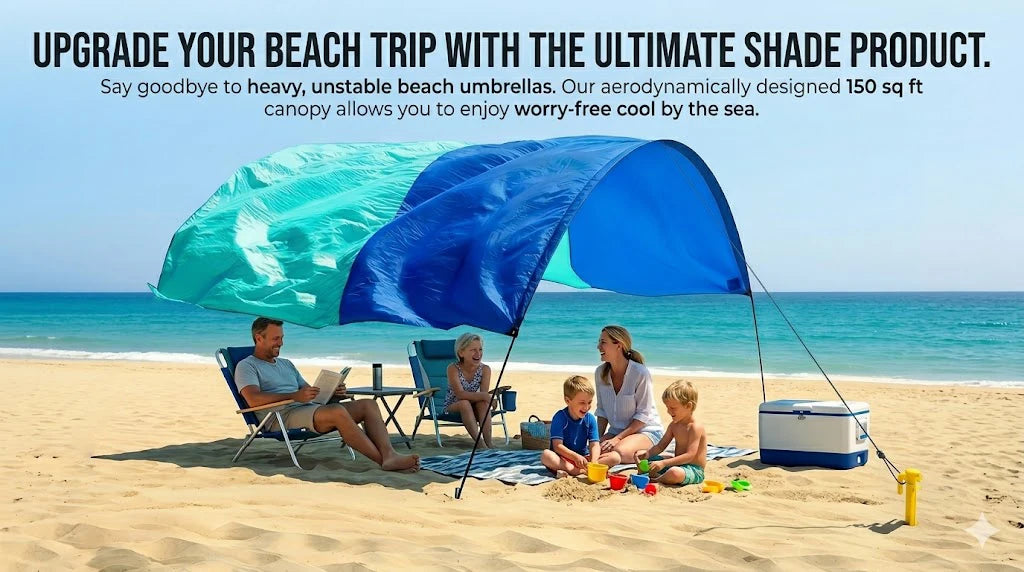 Wind-Resistant Beach Shade Tent 150 sq ft oversized canopy with sand anchors 4 lb ultralightweight UPF 50+ sun protection tent