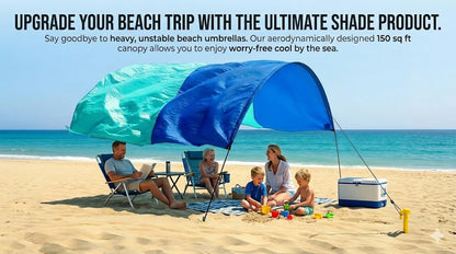 Wind-Resistant Beach Shade Tent 150 sq ft oversized canopy with sand anchors 4 lb ultralightweight UPF 50+ sun protection tent