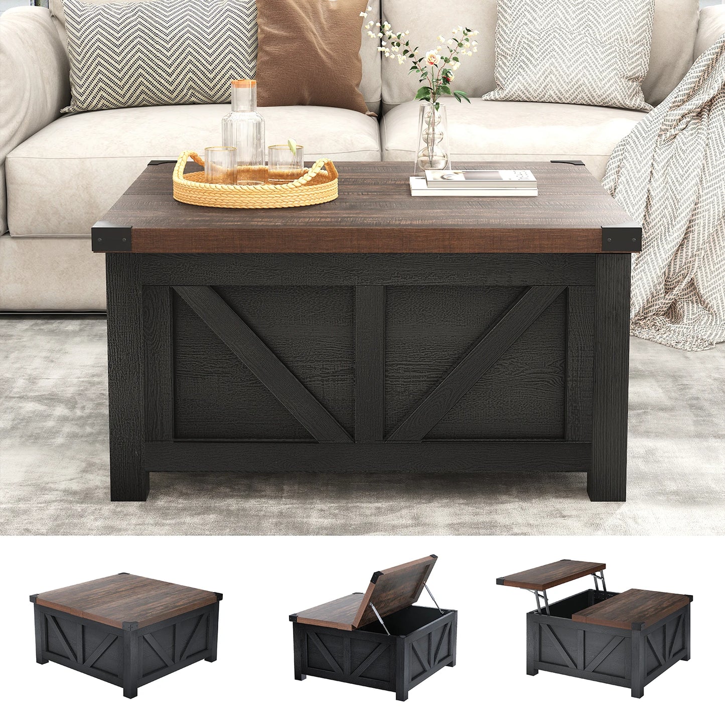 35.6"/40'' Lift Top Coffee Table with Storage, Square Coffee Table for Living Room, Farmhouse Coffee Table with Large Hidden