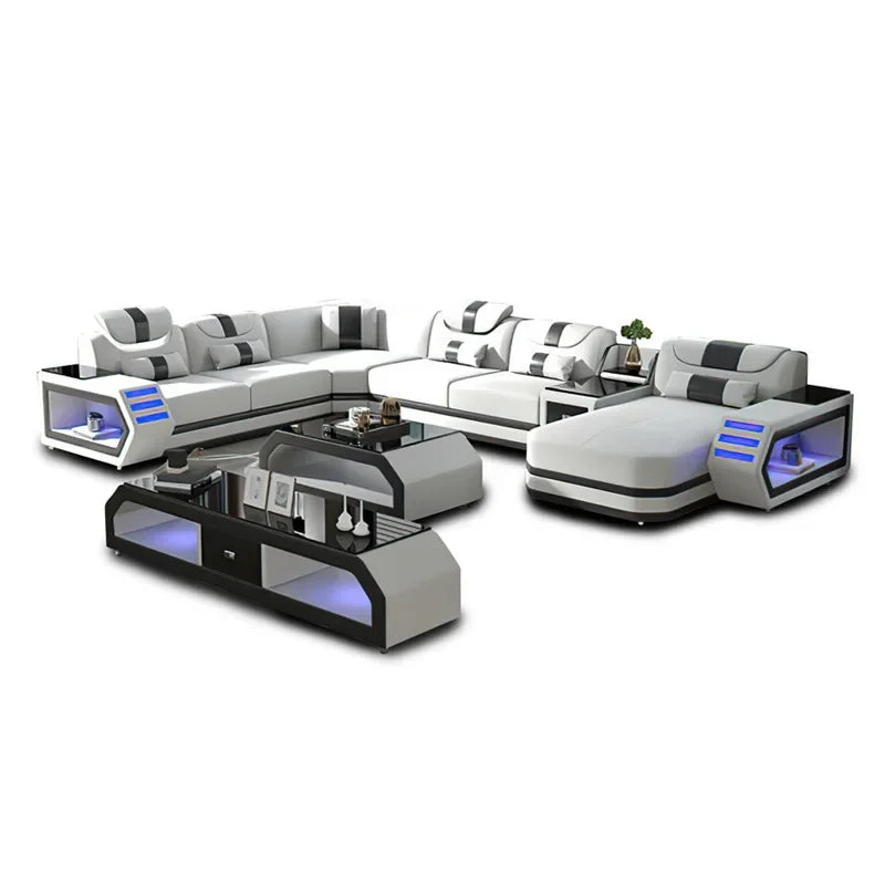 Modern Living Room Sofa Set Genuine Leather Sofas with USB Music Speaker