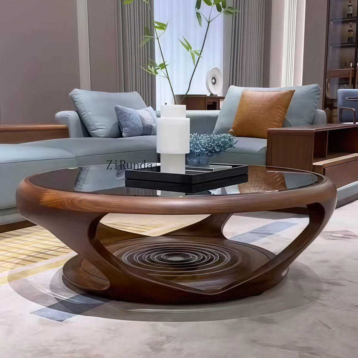 Table basse en noyer noir, table basse ronde en bois massif pour salon et maison