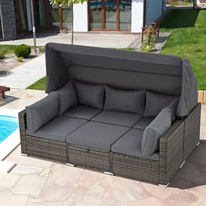 Y 6 Pieces Patio Furniture Sets, Rattan Daybed with Retractable Canopy, Outdoor Sectional Sofa Set with Adjustable Backrest