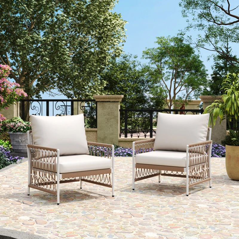 [Set of 2] Bohemian Outdoor Lounge Chair with Handwoven Rope & Powder-Coated Steel Frame, Waterproof Cushions