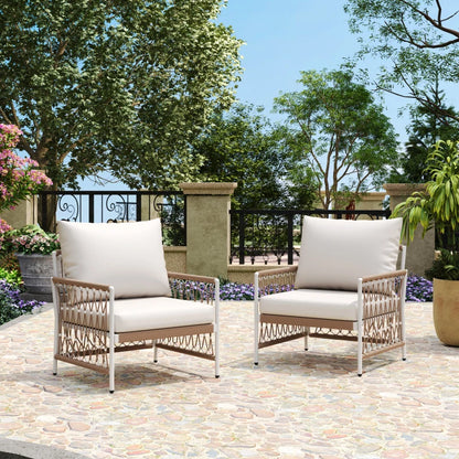 [Set of 2] Bohemian Outdoor Lounge Chair with Handwoven Rope & Powder-Coated Steel Frame, Waterproof Cushions