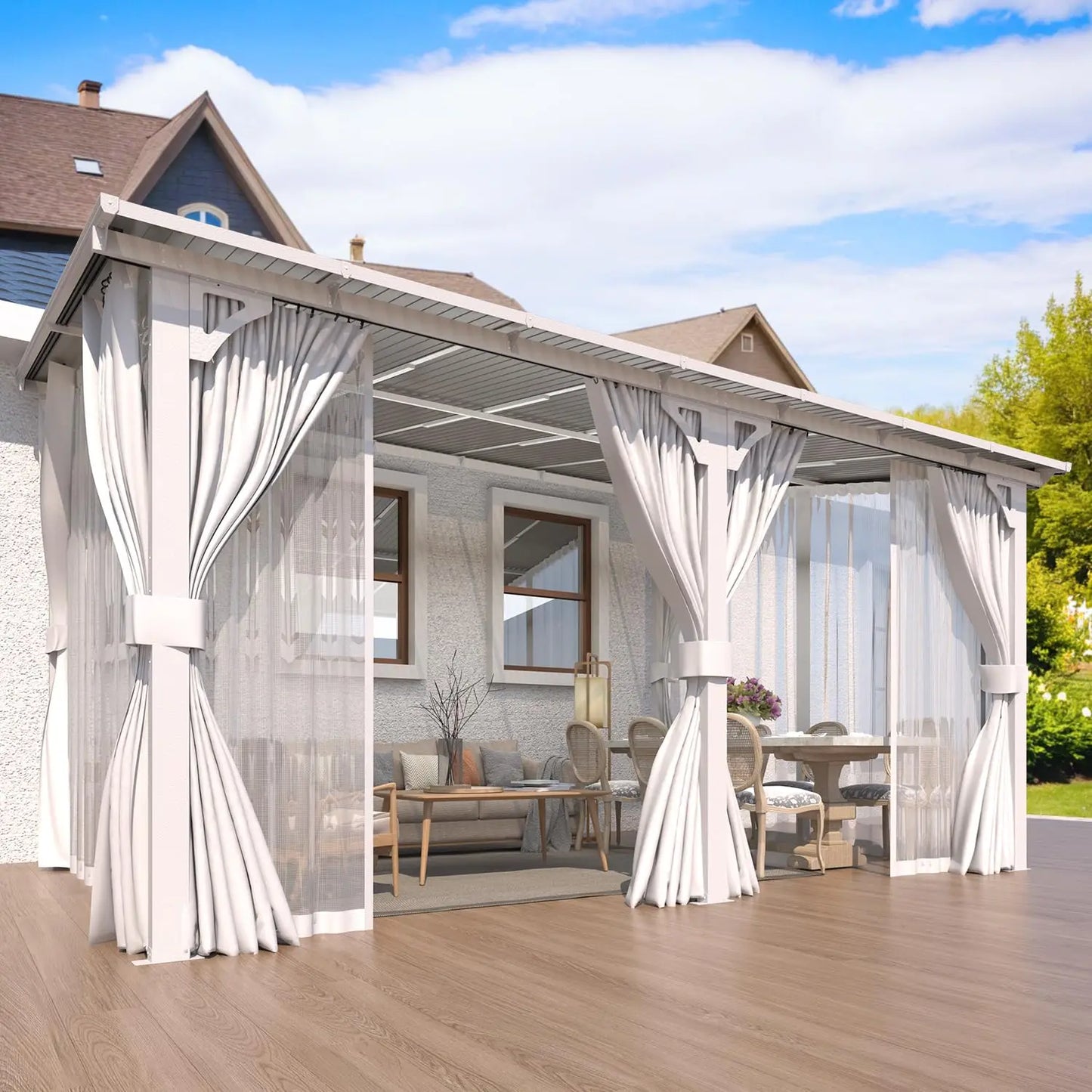 Hard Top Lean-to Gazebo Pergola Curtains & Netting Wall-Mounted Patio Deck Awning, Custom