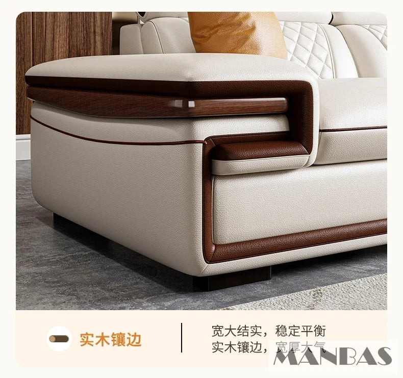 MINGDIBAO Premium Italian Genuine Leather Sofa Set for Living Room with Adjustable Headrests and Built-in Bluetooth Speaker, USB